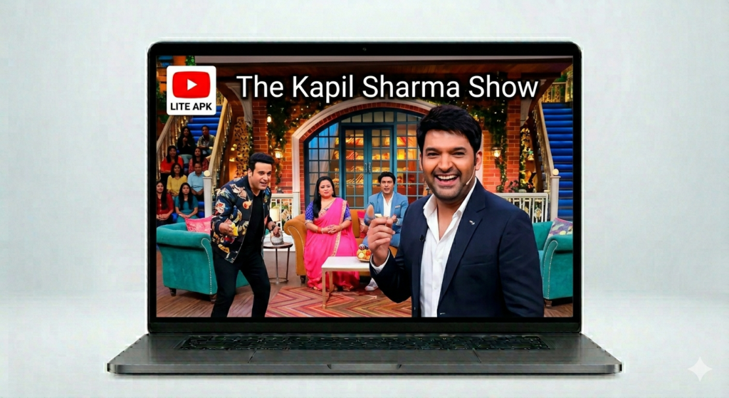 A laptop displaying a media show on screen running through lite you Tube application