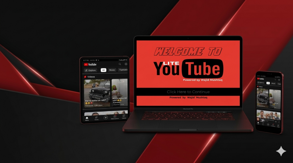 YouTube Lite APK latest version 2026 for Android displayed on a laptop and smartphones