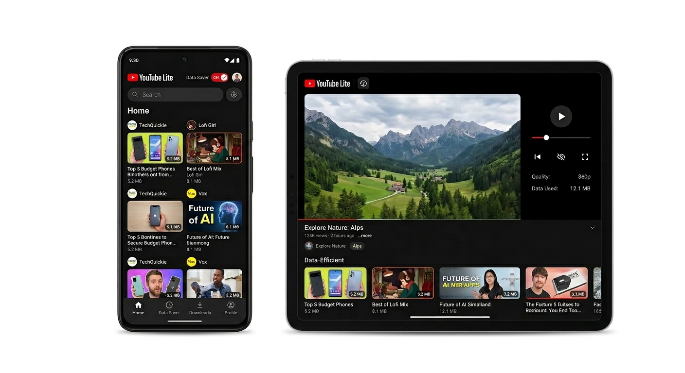 YouTube Lite app displayed on a smartphone and tablet showing offline viewing features