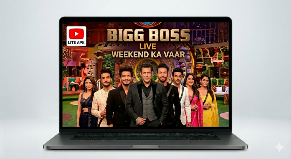A laptop displaying the Bigg Boss live show interface while running YouTube Lite