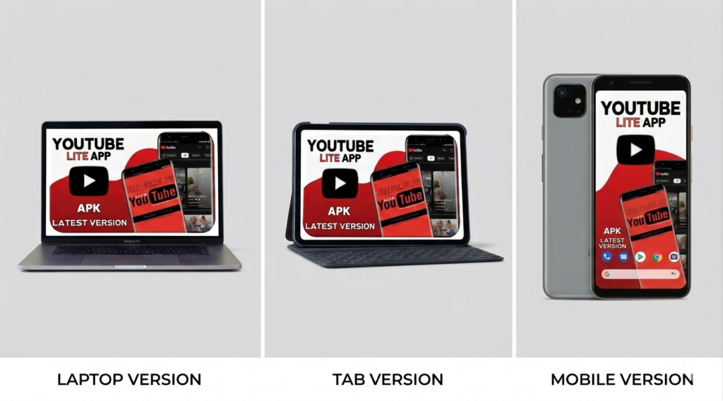 YouTube Lite app displayed across laptop, tablet, and mobile device versions showing different platform layouts